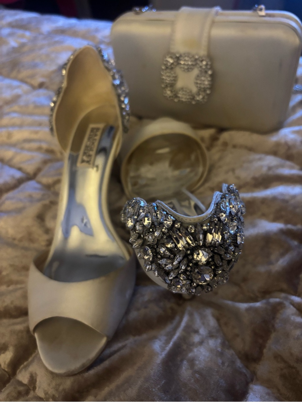 Badgley Mischka Ivory Crystal Embellished Peep-Toe Heels